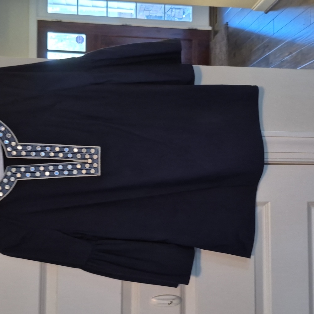 Tory Burch tunic embellished neckline sz 12 large navy blue great condition. F